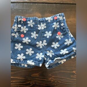 Blue Floral Denim Shorts with Coral Accents